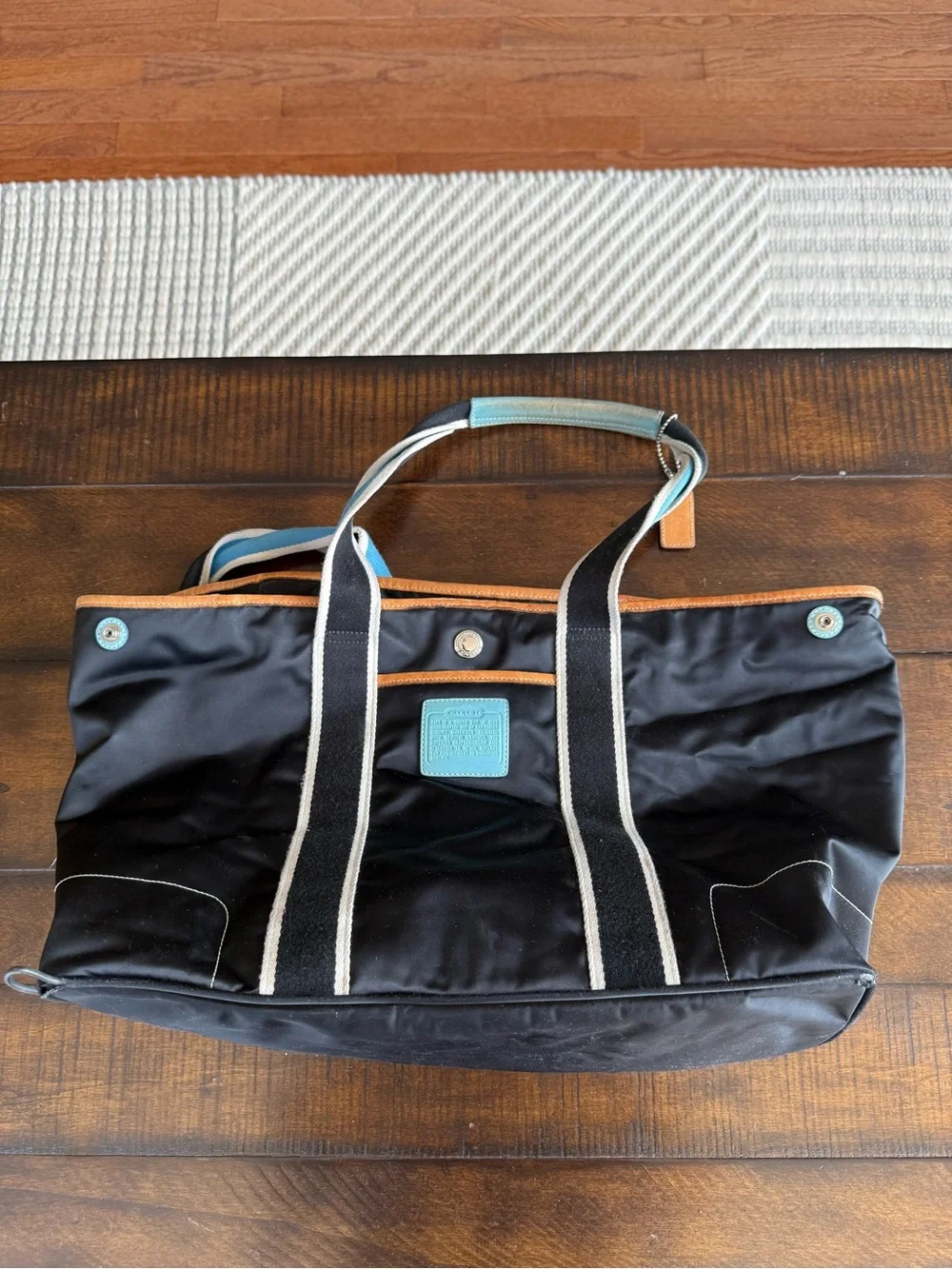 Coach Black Canvas Tote with Teal Trim and Tan Accents